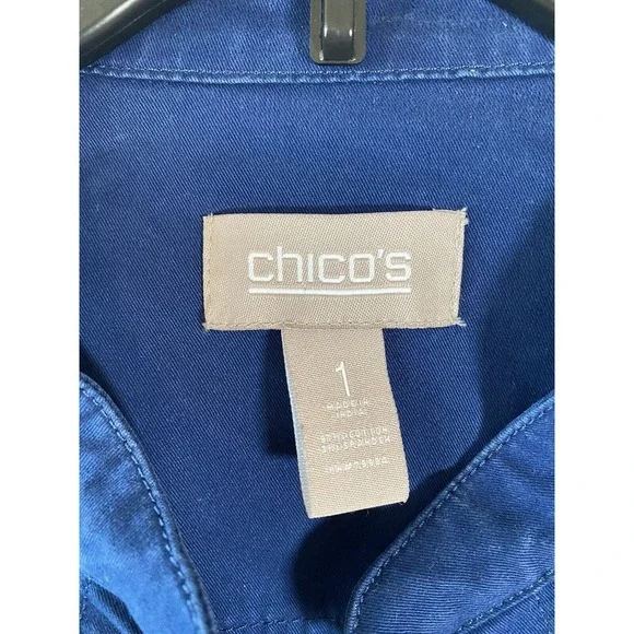 Chicos Jacket Womens Size 1 (Medium) Blue Blazer Ruffle‎ Open Front Preppy - Picture 3 of 13